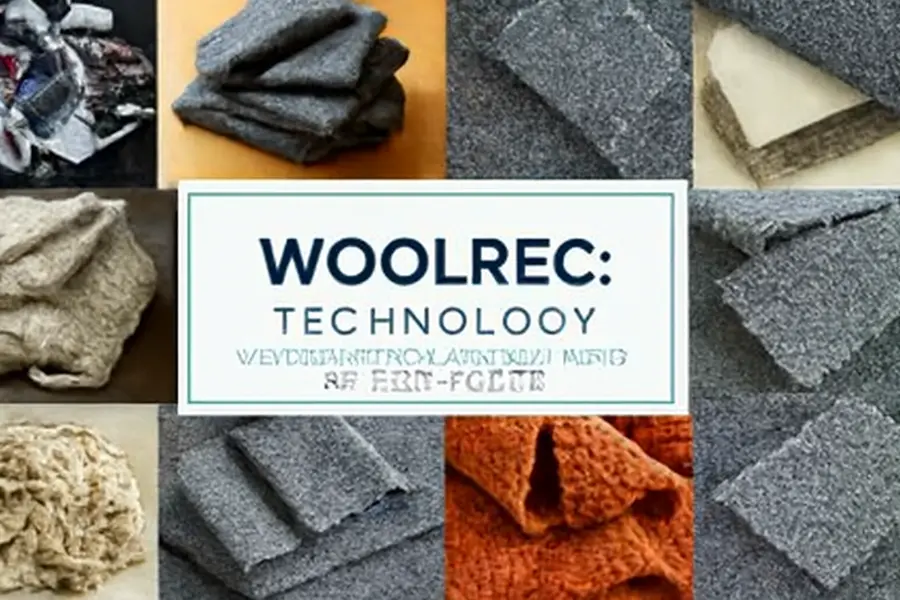 WOOLREC promotional image showcasing recycled wool textiles, including fabric scraps, wool blankets, and felt pieces.